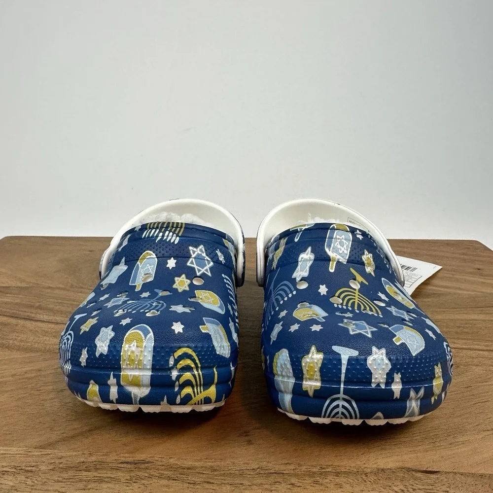 New Little Kids Crocs Classic Lined‎ Blue Hanukkah Clogs Shoes Sandals Size 7 C